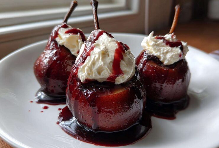 Three ruby-red poached pears topped with whipped cream and syrup, served on a white plate.