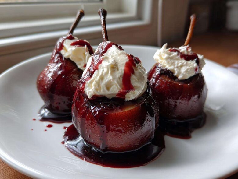 Three ruby-red poached pears topped with whipped cream and syrup, served on a white plate.