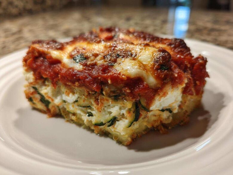 A close-up of a hearty slice of zucchini lasagna showing layers of ricotta, zucchini, and bubbling tomato sauce.