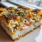 Close-up of a thick, square slice of baked sushi bake topped generously with browned cheese and furikake seasoning.
