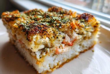 Close-up of a thick, square slice of baked sushi bake topped generously with browned cheese and furikake seasoning.