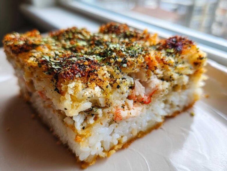 Close-up of a thick, square slice of baked sushi bake topped generously with browned cheese and furikake seasoning.