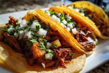 Close-up of three delicious Tacos al pastor filled with marinated pork, topped with diced white onion and cilantro.