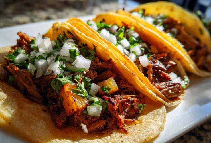 Close-up of three delicious Tacos al pastor filled with marinated pork, topped with diced white onion and cilantro.
