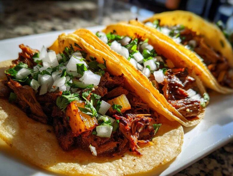 Close-up of three delicious Tacos al pastor filled with marinated pork, topped with diced white onion and cilantro.