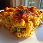 A close-up, golden-brown serving of tuna pasta bake with visible macaroni and green peas on a white plate.