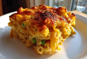 A close-up, golden-brown serving of tuna pasta bake with visible macaroni and green peas on a white plate.