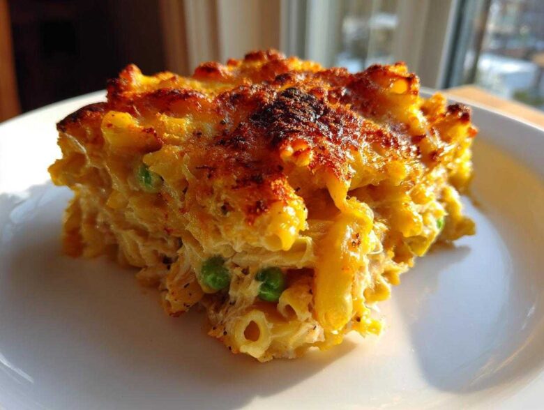 A close-up, golden-brown serving of tuna pasta bake with visible macaroni and green peas on a white plate.