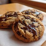 Three freshly baked vegan chocolate chip cookies with gooey, melted chocolate chips on parchment paper.