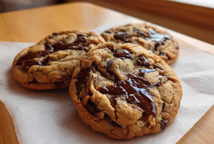 Three freshly baked vegan chocolate chip cookies with gooey, melted chocolate chips on parchment paper.