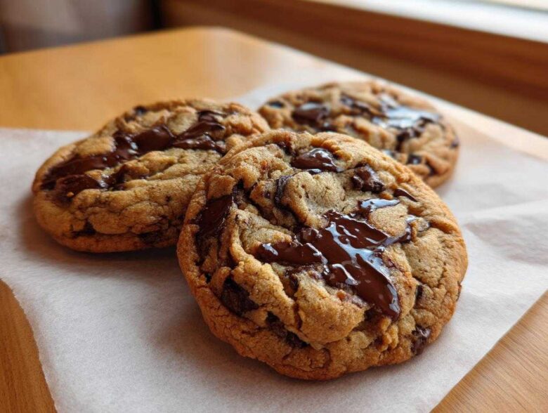 Three freshly baked vegan chocolate chip cookies with gooey, melted chocolate chips on parchment paper.