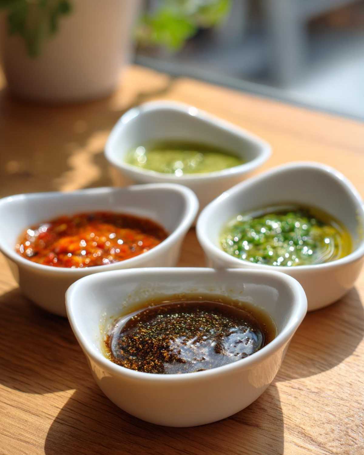 Four small white bowls containing different types of Dumpling Sauce, including dark soy-based, red chili, and green herb varieties.