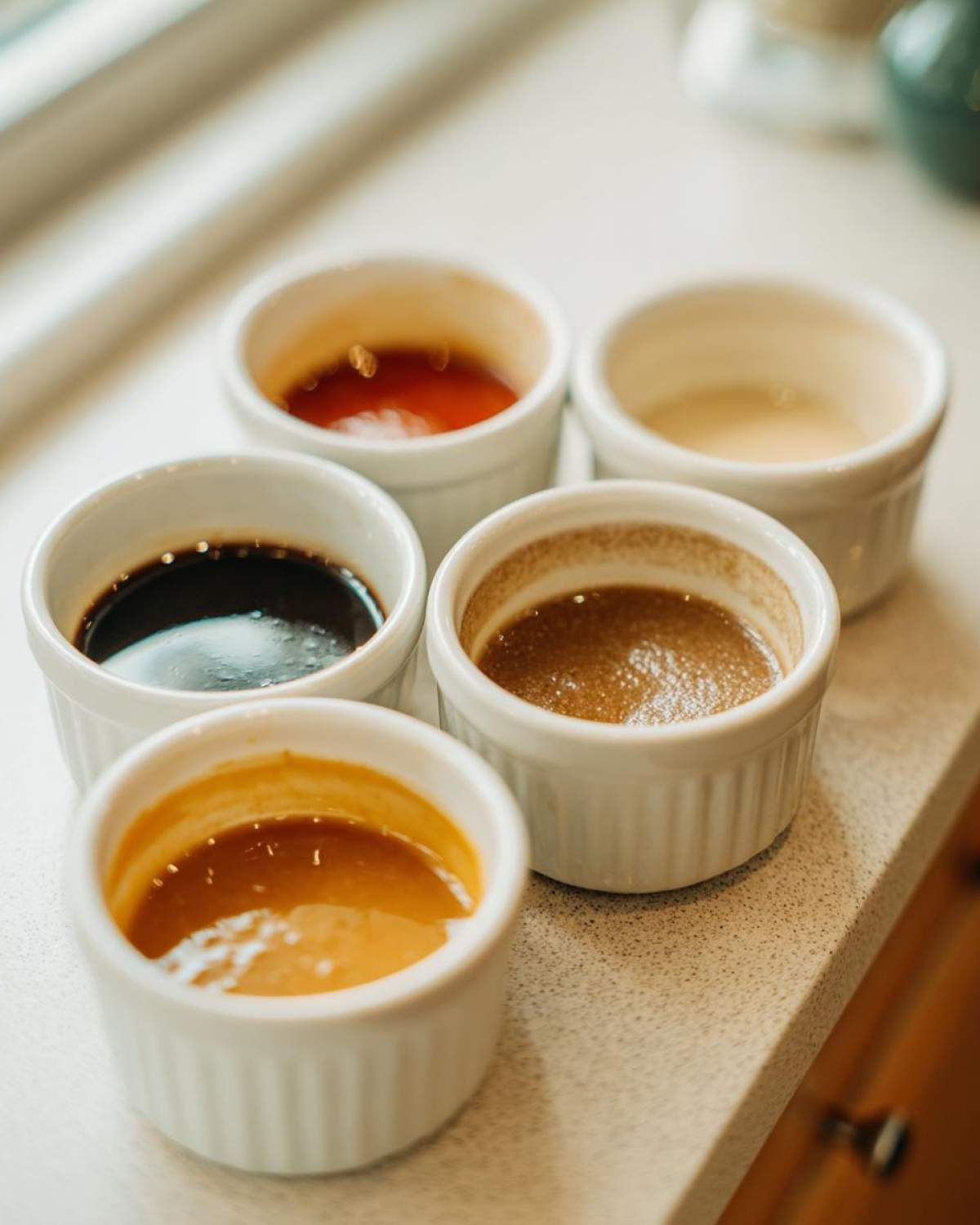 Five small white ramekins holding various colors of Dumpling Sauce, ready for tasting.