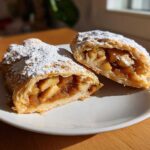 Two halves of a flaky, golden apple strudel, filled with spiced apples and dusted generously with powdered sugar.
