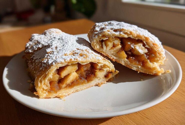 Two halves of a flaky, golden apple strudel, filled with spiced apples and dusted generously with powdered sugar.