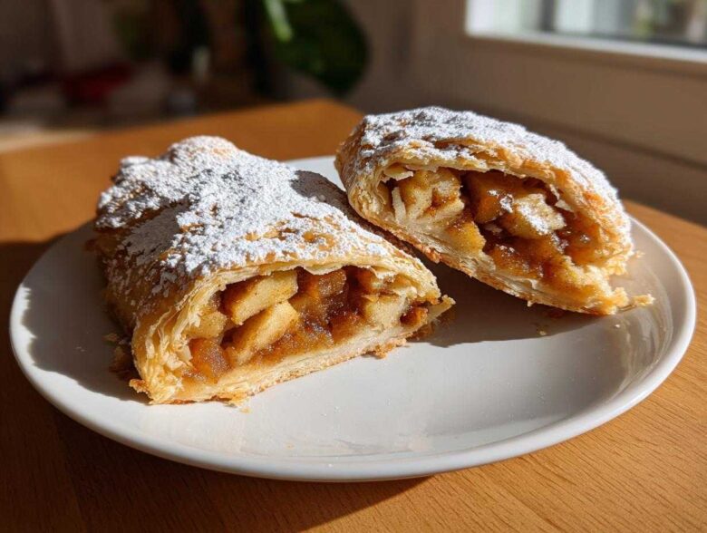 Two halves of a flaky, golden apple strudel, filled with spiced apples and dusted generously with powdered sugar.
