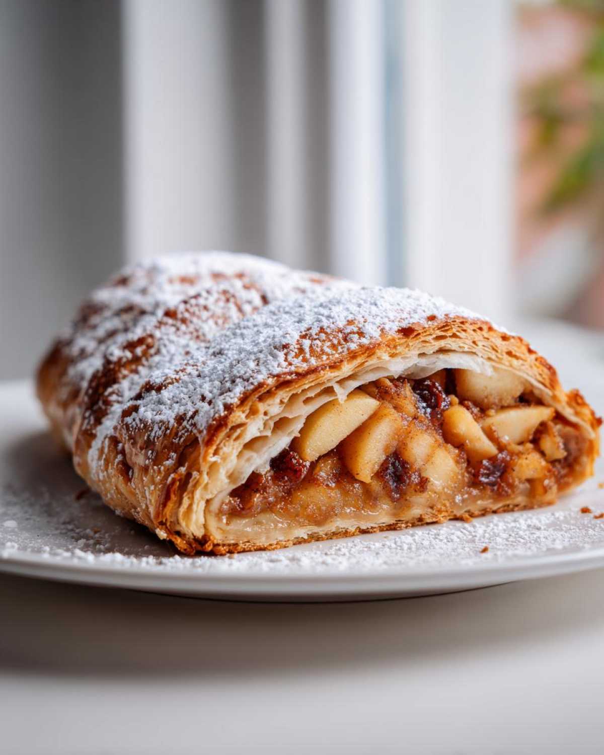 A close-up view of a slice of flaky apple strudel, generously dusted with powdered sugar, showing the apple filling.