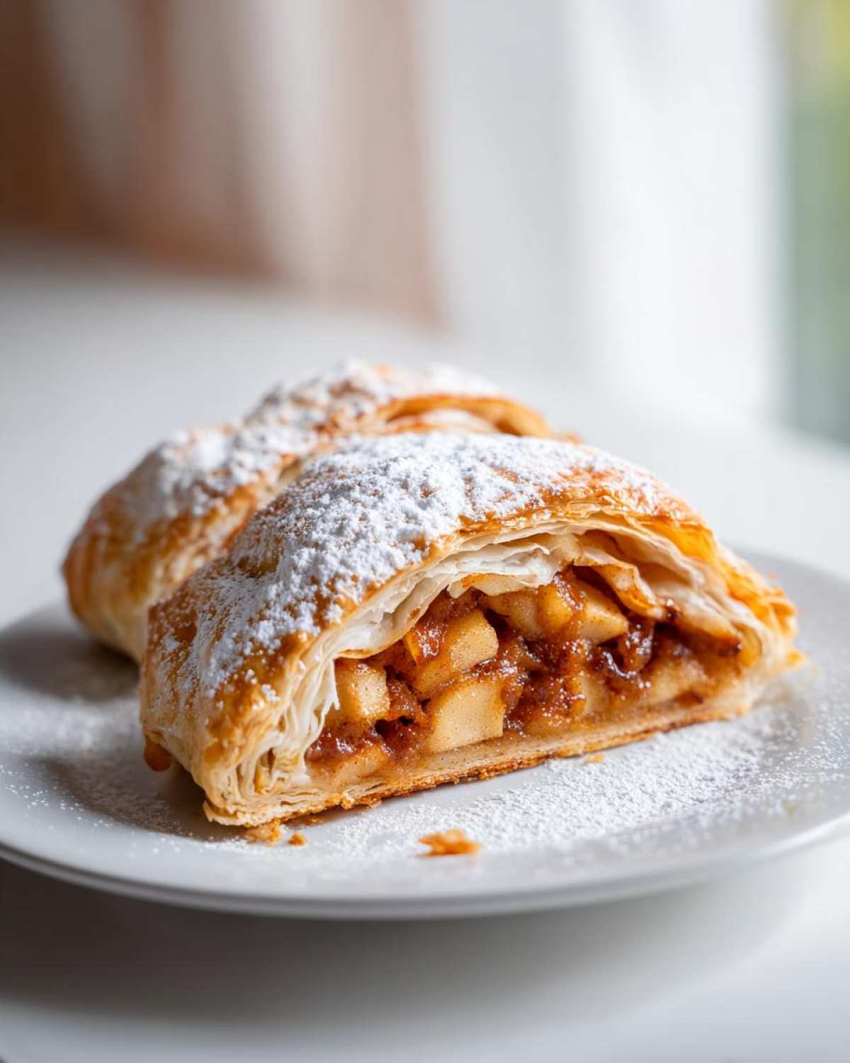 Close-up of a flaky, golden-brown apple strudel slice filled with spiced apples and dusted with powdered sugar.