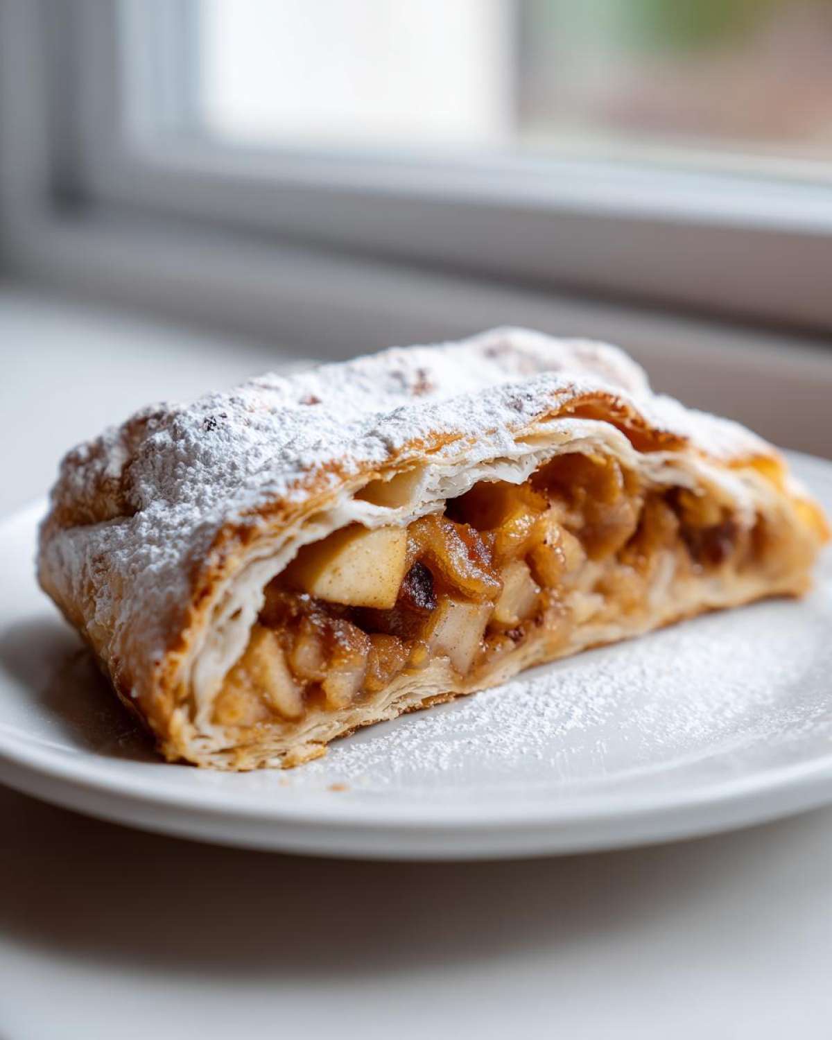 A close-up of a flaky slice of apple strudel, generously dusted with powdered sugar, sitting on a white plate.