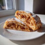Two cross-section slices of flaky apple strudel dusted with powdered sugar resting on a white plate.