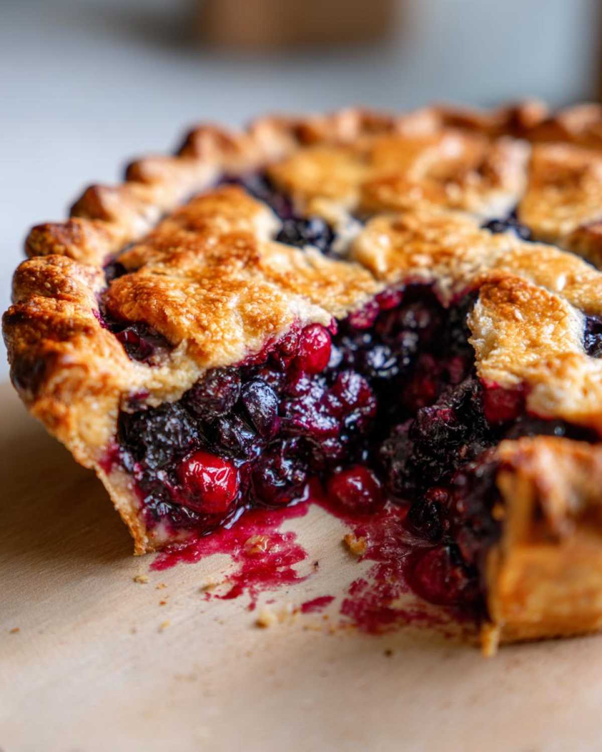 A close-up view of a slice removed from a homemade berry pie, showing the juicy, dark berry filling and golden, flaky crust.