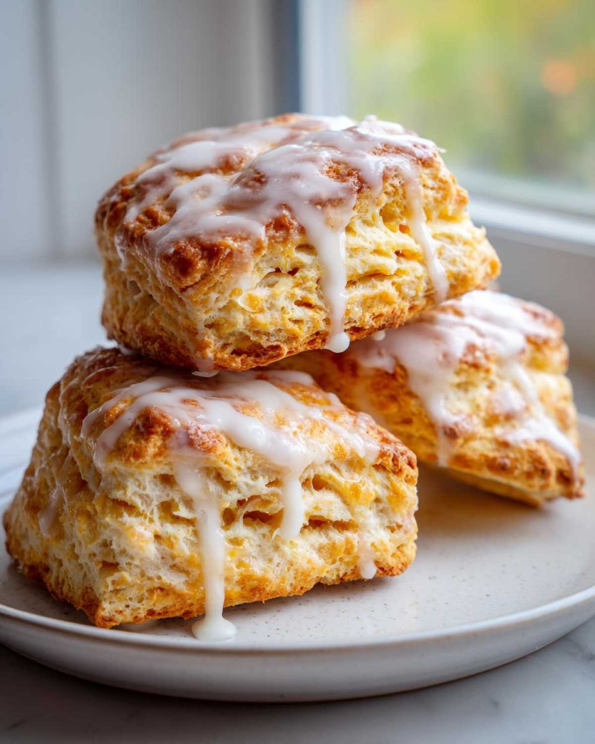 A stack of three flaky, golden brown scones topped with a thick white glaze dripping down the sides.