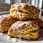 A stack of four flaky, golden-brown scones topped with a thick white glaze, ready to eat.
