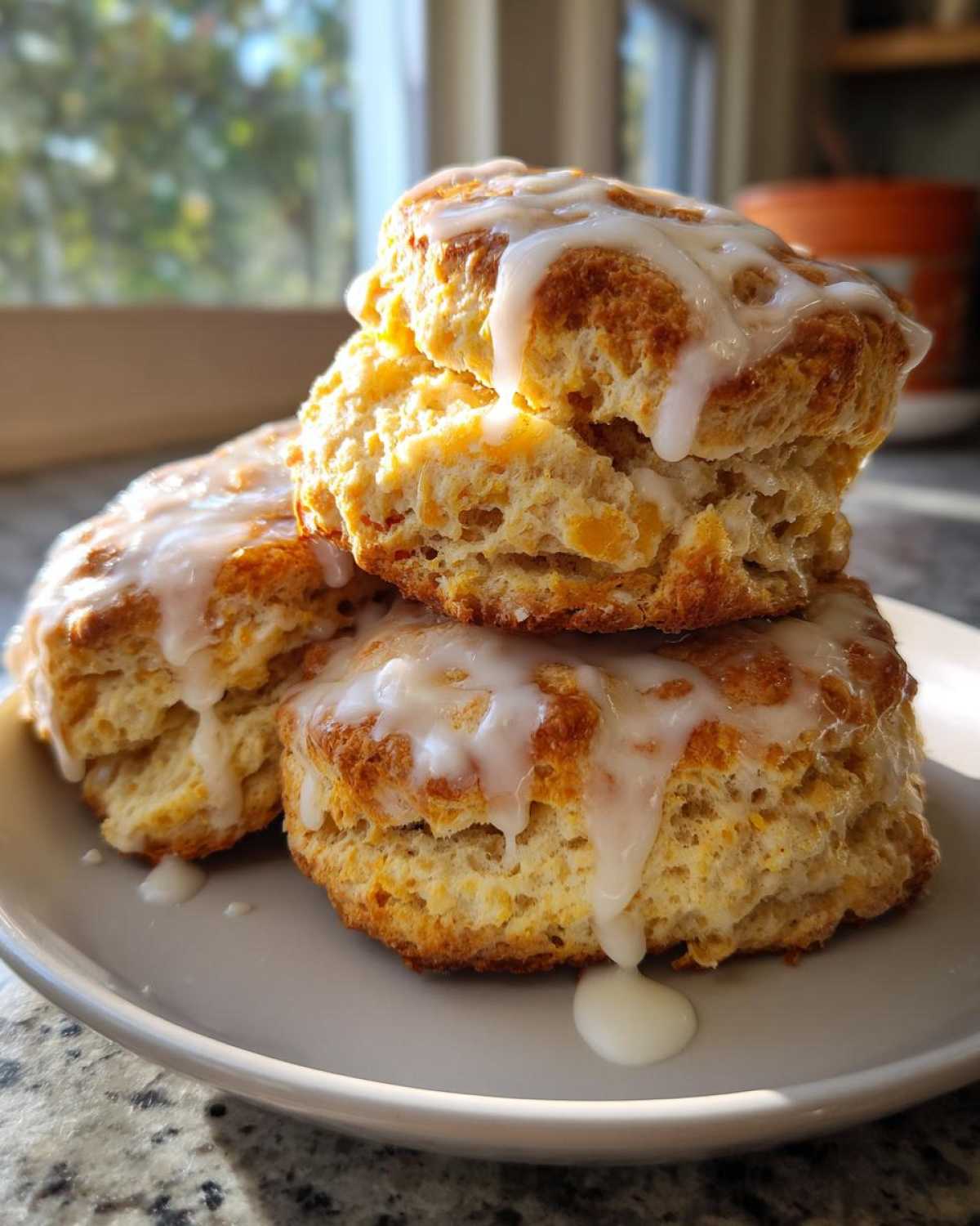 A stack of three flaky, golden-brown scones topped with a thick white glaze, ready to eat.