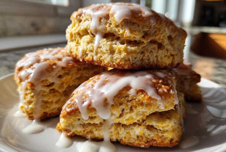 A stack of four flaky, golden-brown scones topped with a thick white glaze, ready to eat.