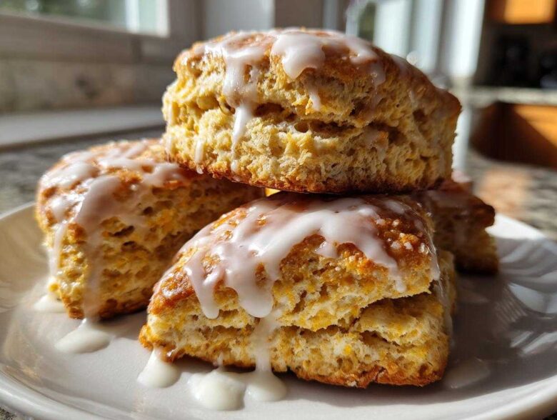 A stack of four flaky, golden-brown scones topped with a thick white glaze, ready to eat.