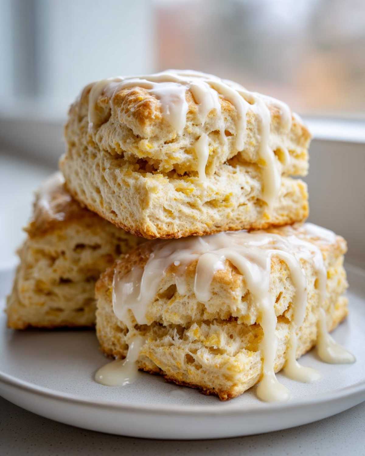 A stack of three flaky, golden scones topped generously with a thick, dripping vanilla glaze.