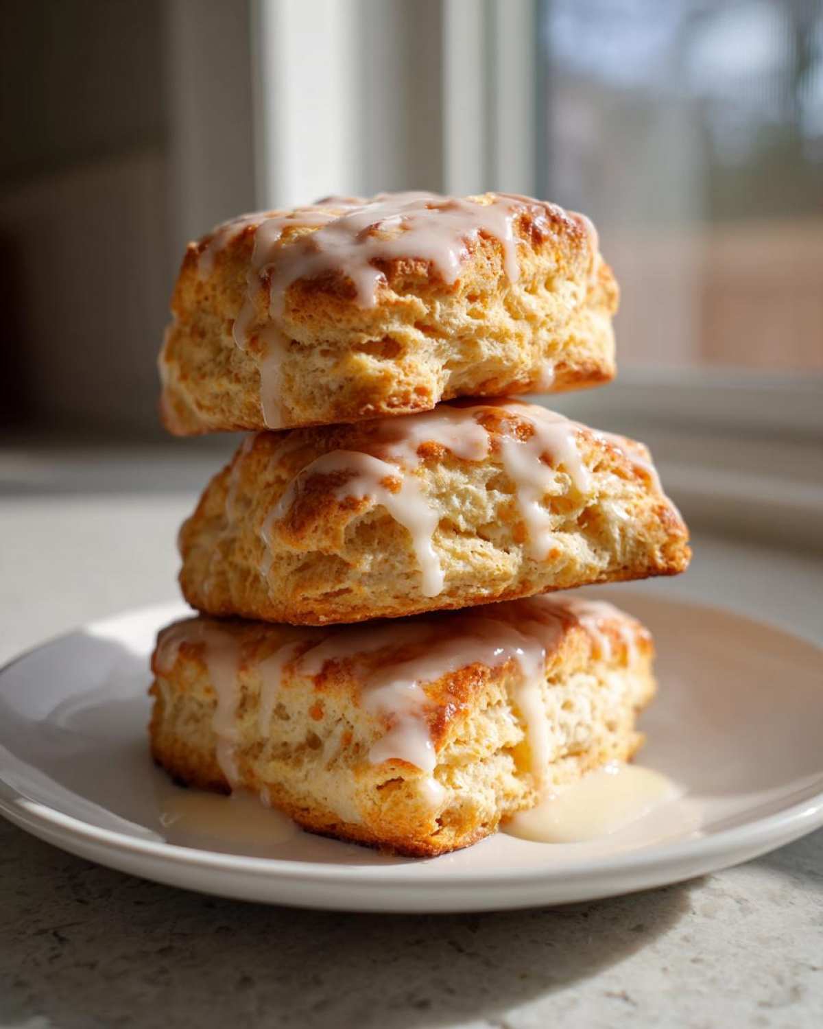 Three flaky scones stacked on a white plate, drizzled generously with a sweet vanilla glaze.
