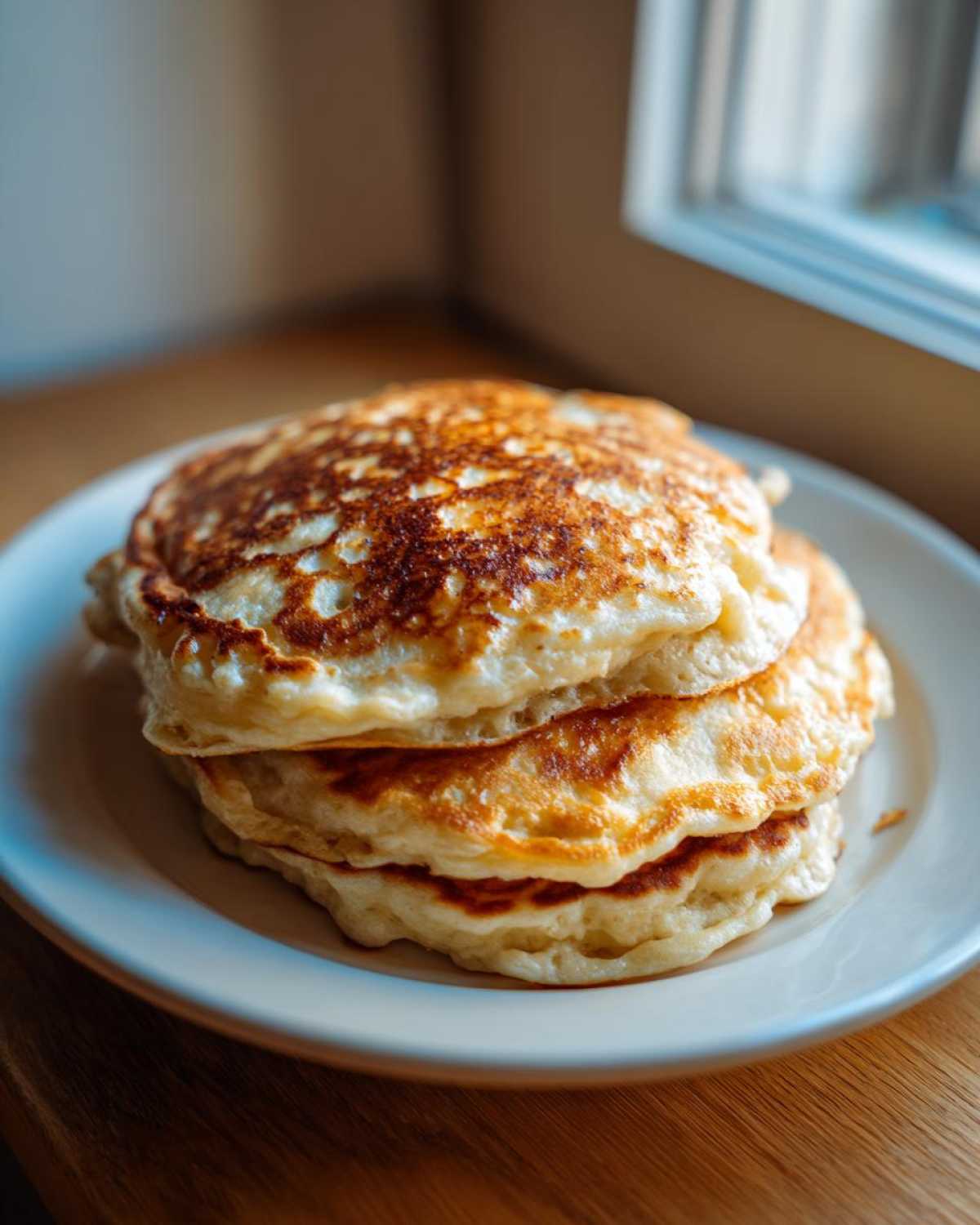 A close-up of a stack of three fluffy banana pancakes with golden-brown tops, resting on a white plate.