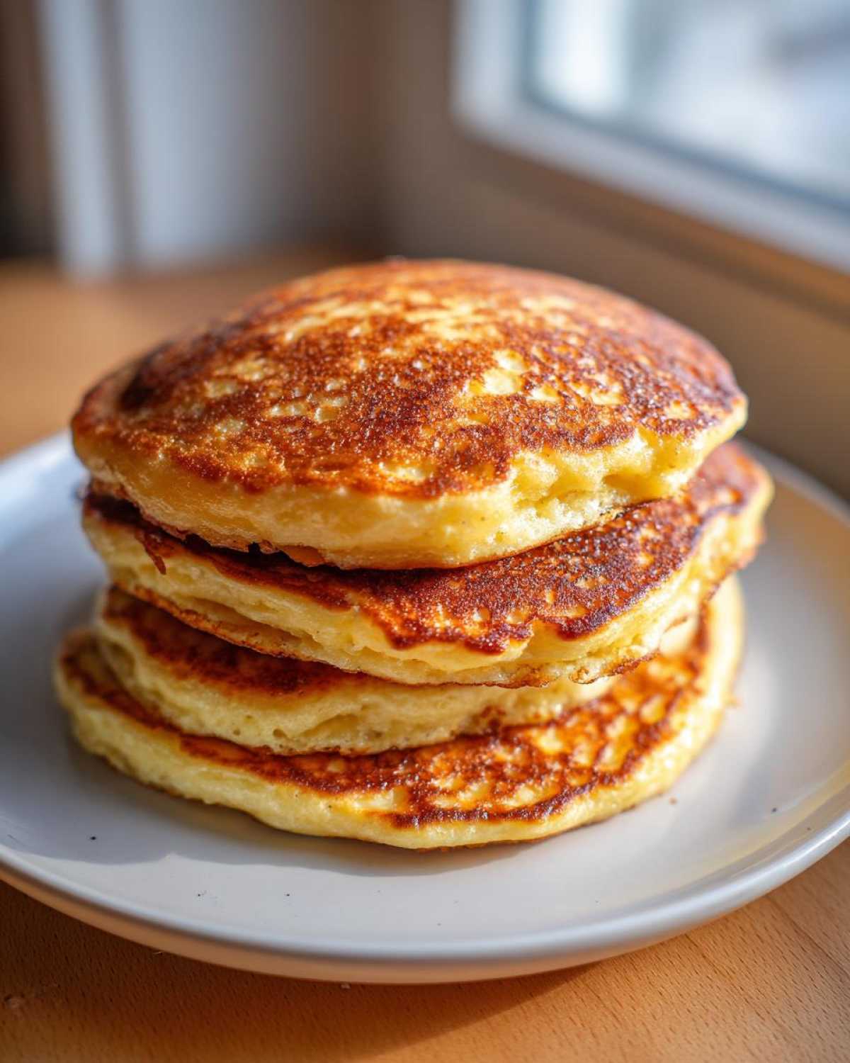 A tall stack of four fluffy banana pancakes with a perfectly golden-brown, slightly crisp exterior.