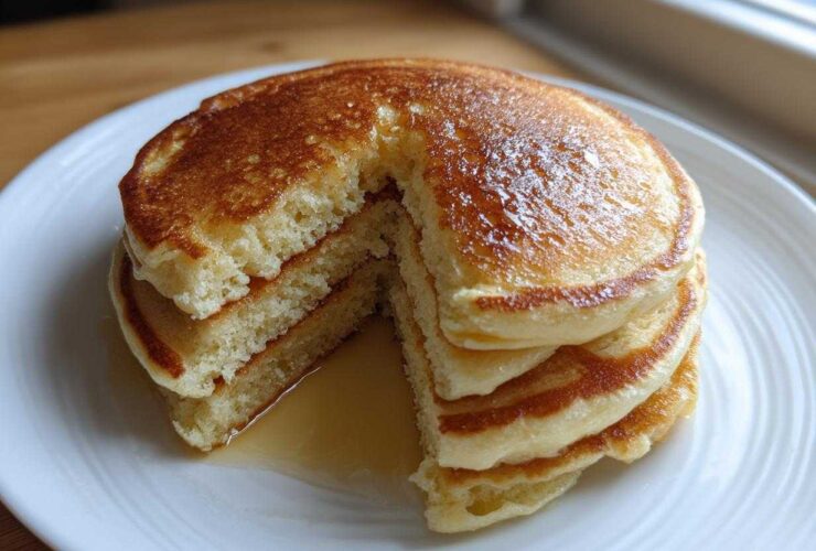 A thick stack of fluffy banana pancakes, cut to show the airy interior, drizzled with syrup.