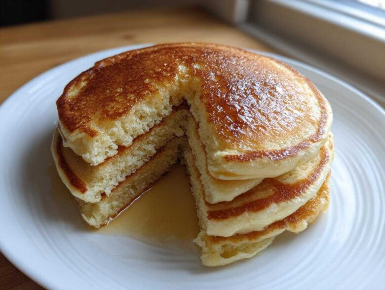 A thick stack of fluffy banana pancakes, cut to show the airy interior, drizzled with syrup.