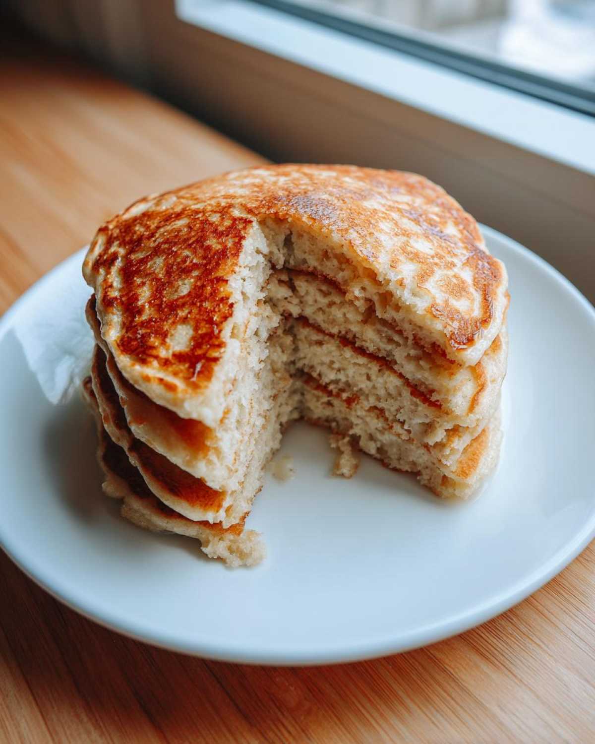 A tall stack of fluffy banana pancakes on a white plate, showing the airy interior texture.