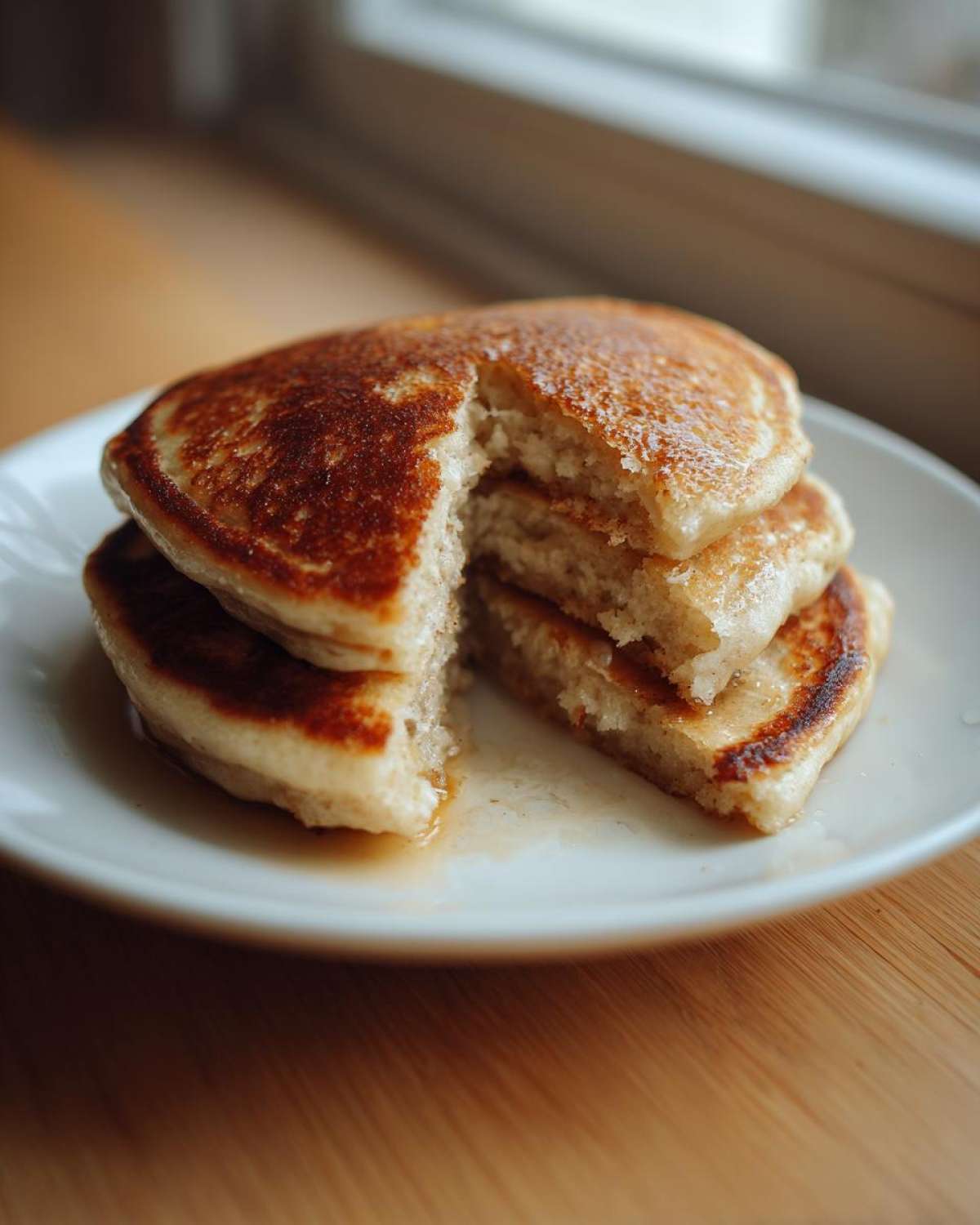 Close-up of a fluffy stack of banana pancakes with a piece cut out, showing the moist interior and syrup.