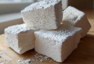 Close-up of four large, fluffy homemade marshmallows dusted heavily with powdered sugar on a wooden surface.