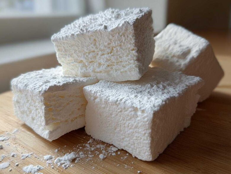 Close-up of four large, fluffy homemade marshmallows dusted heavily with powdered sugar on a wooden surface.