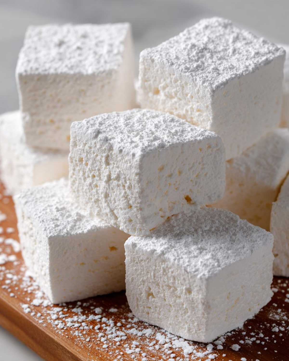 Close-up of several square, fluffy homemade marshmallows heavily dusted with white powdered sugar on a wooden board.