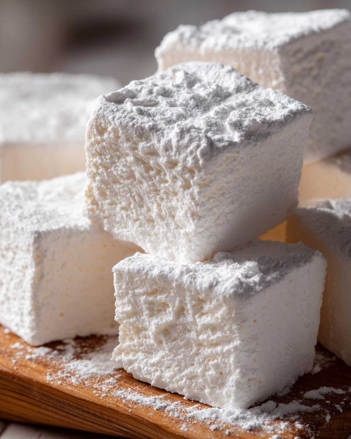 Close-up of thick, square homemade marshmallows heavily dusted with white powdered sugar, resting on a wooden board.