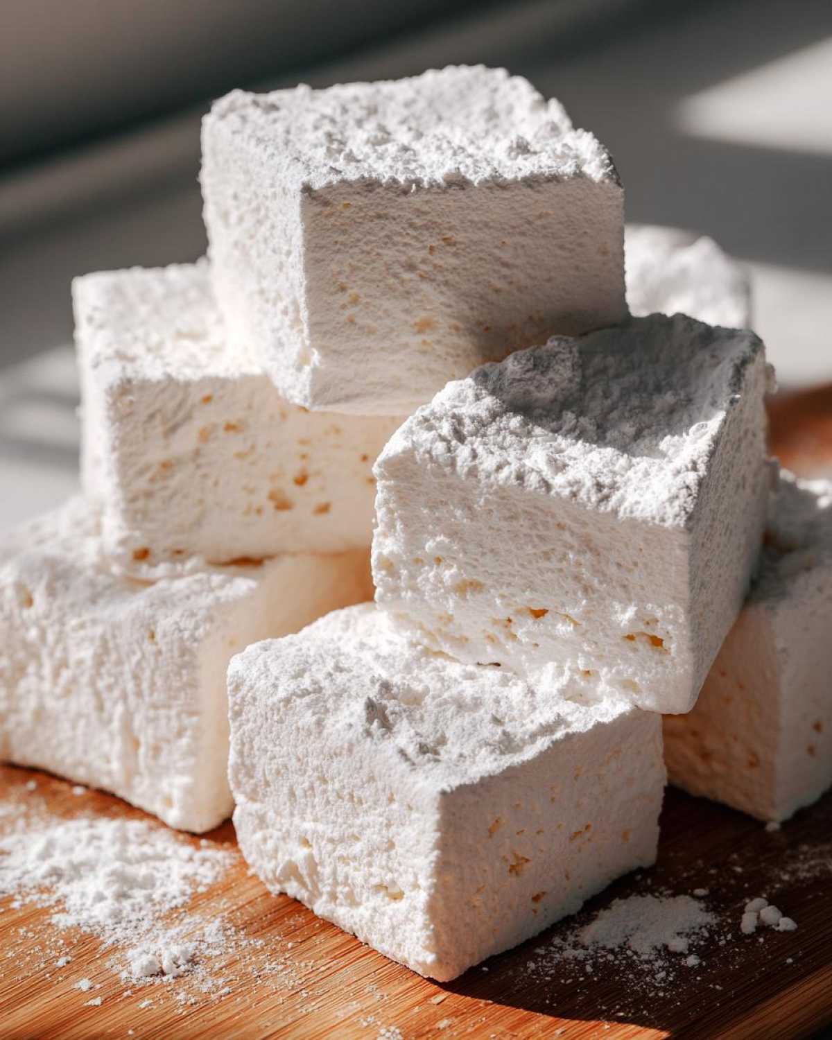 A close-up stack of thick, fluffy homemade marshmallows generously dusted with powdered sugar on a wooden board.