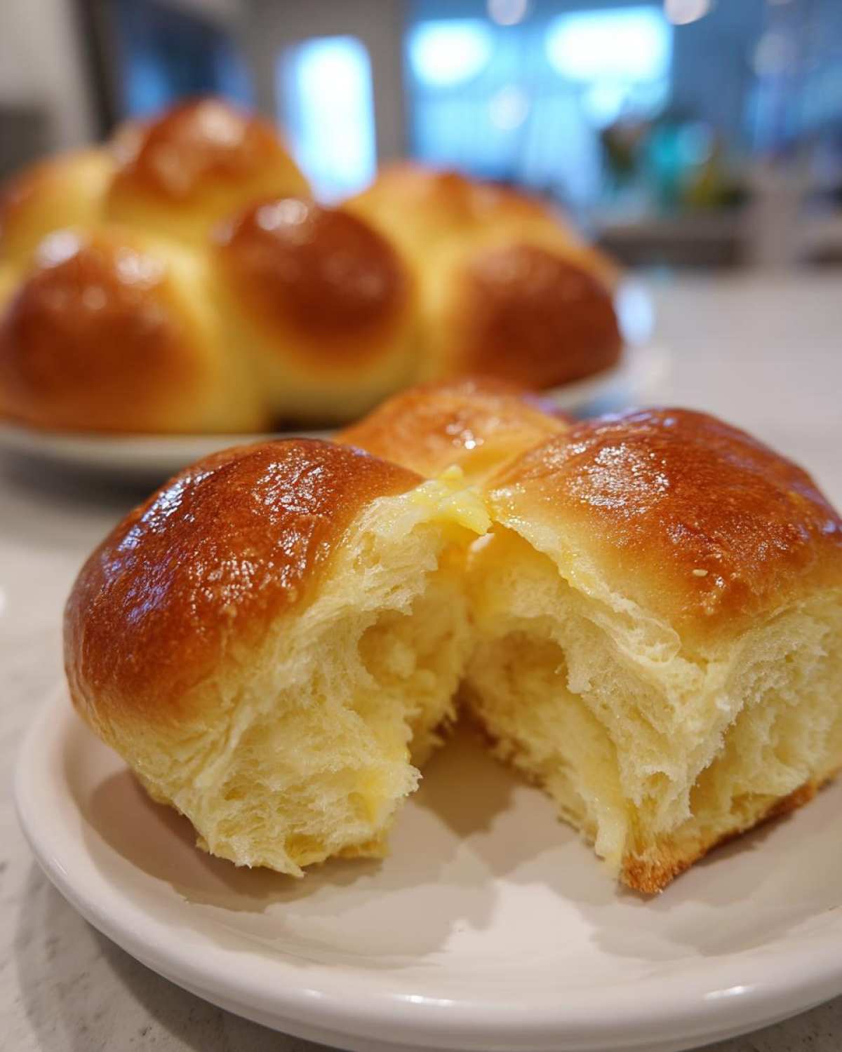Close-up of a soft, golden sourdough discard roll pulled apart showing the fluffy interior and melted butter.