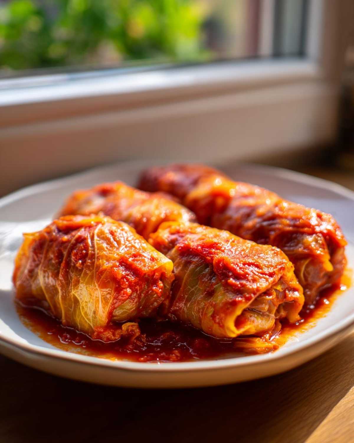 Four savory cabbage rolls smothered in a rich tomato sauce served on a white plate.