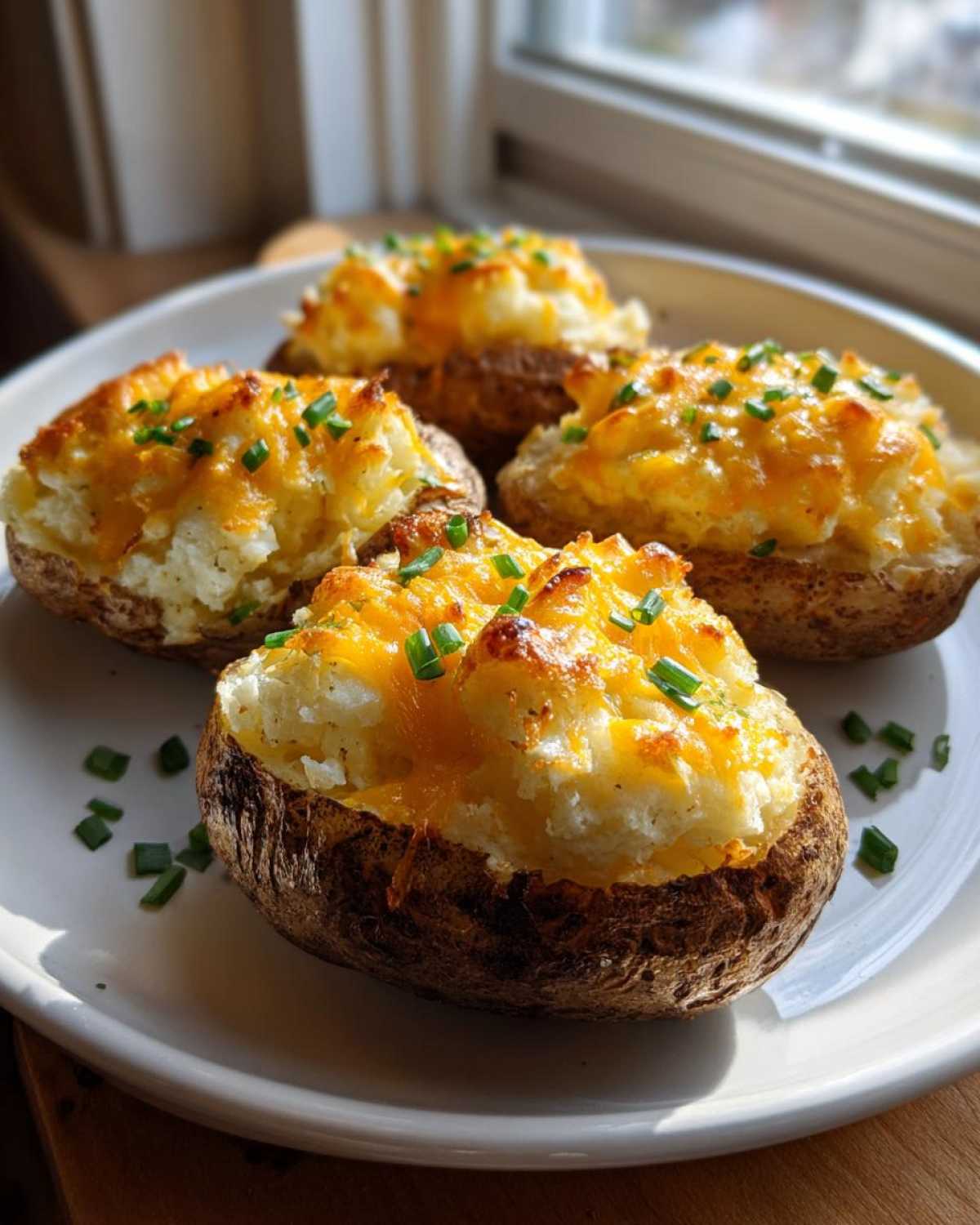 Four perfectly prepared twice baked potatoes topped with melted cheddar cheese and fresh chives on a white plate.