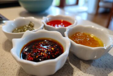 Four small white dishes holding different types of Dumpling Sauce, including chili oil, sweet chili, and green relish.