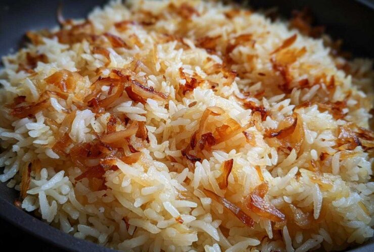A close-up shot of fluffy white rice topped generously with crispy, caramelized onions, showcasing the french onion butter rice.