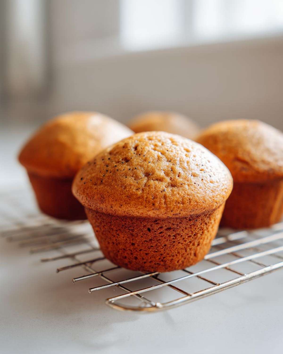 Close-up of golden brown applesauce muffins cooling on a wire rack with a bright background.