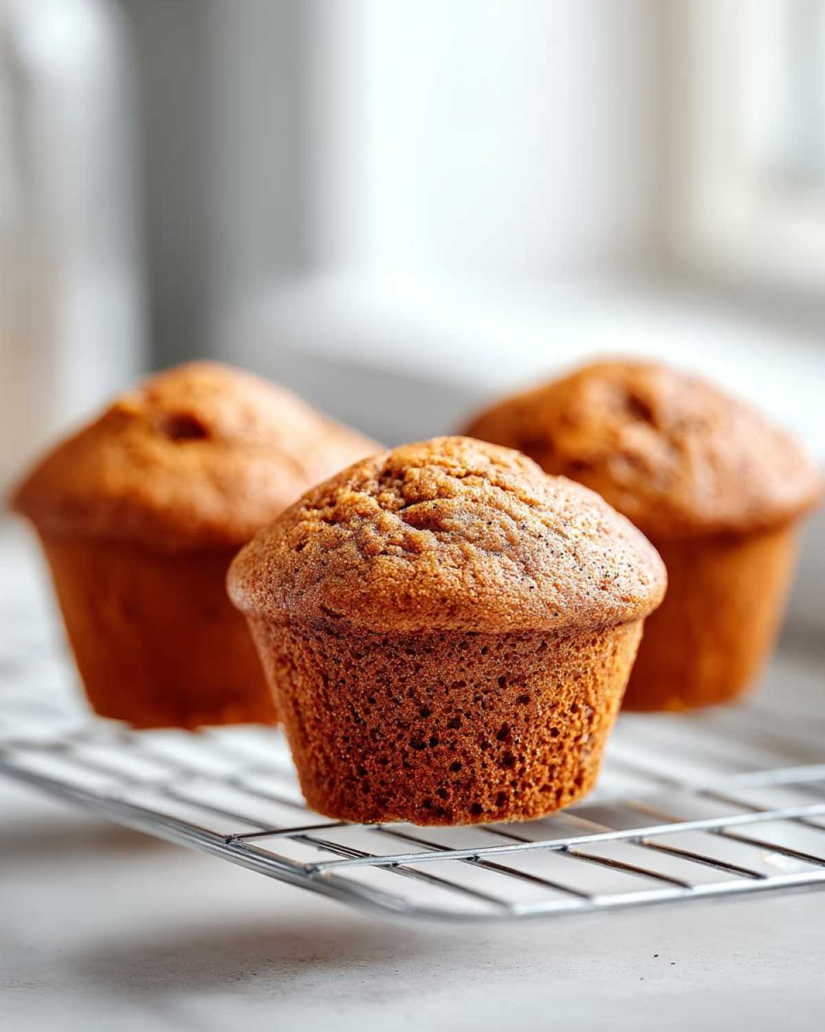 Three freshly baked applesauce muffins cooling on a wire rack with a bright, soft background.
